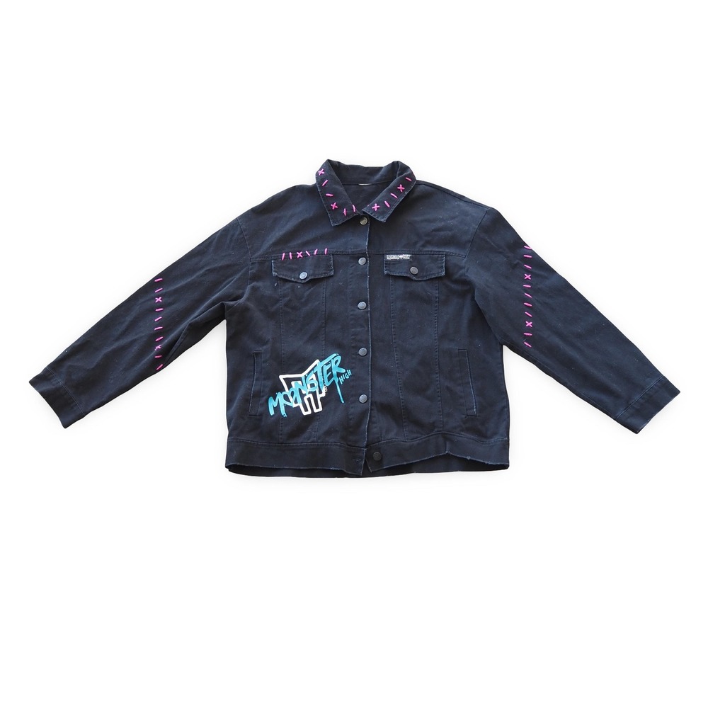 Monster High Womens XL Black Denim Jacket Pink Skull Graphic Y2K Goth Alt Style